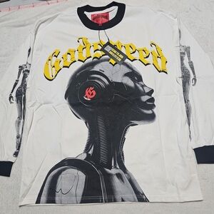 White Long Sleeve Graphic Tee with Robot Design